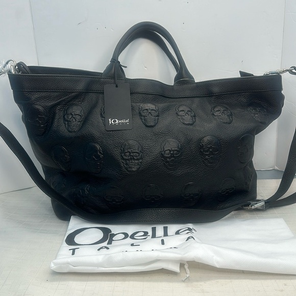 IO PELLE Italian Black Leather Embossed Skull Tote in black - Picture 3 of 15